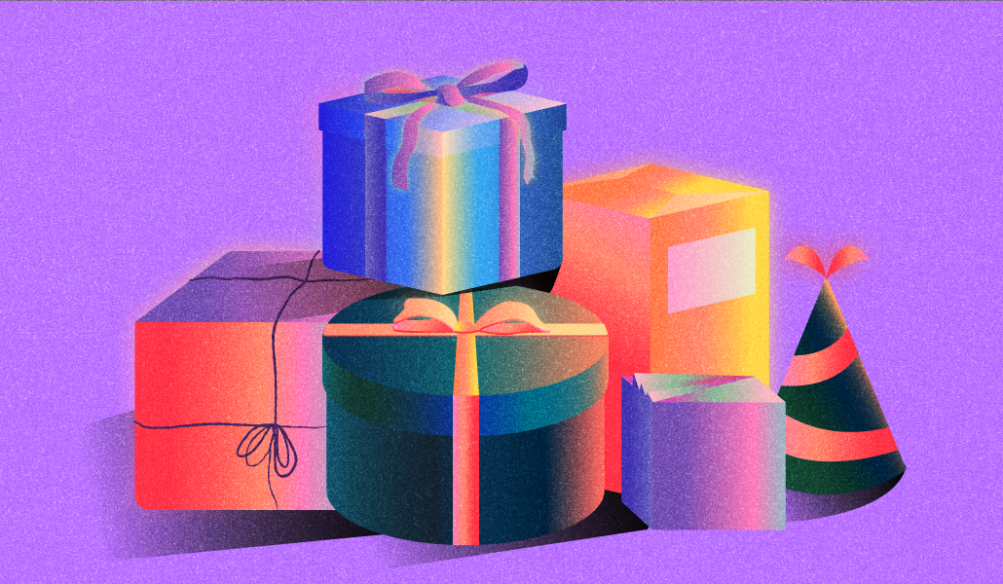 Wrapped holiday gifts on a purple background