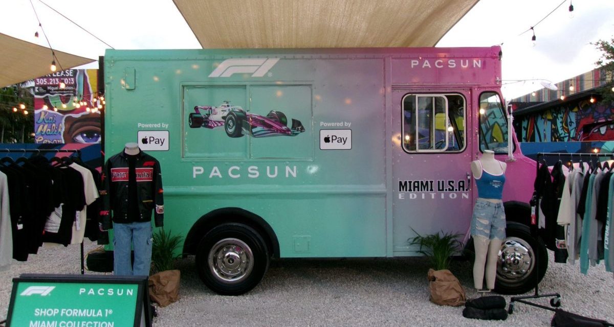 A green and purple-colored Pacsun-branded truck