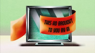 TV screen on a green and white background. A banner wraps around the TV that says "this ad brought to you by AI"