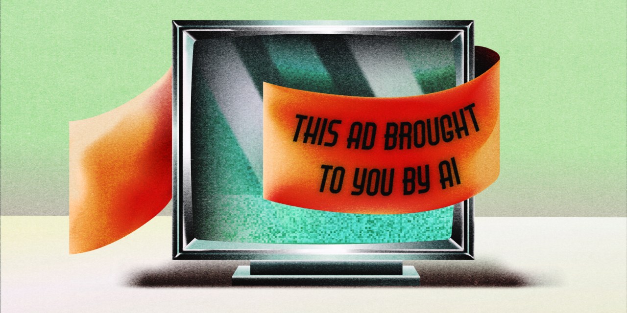 TV screen on a green and white background. A banner wraps around the TV that says "this ad brought to you by AI"