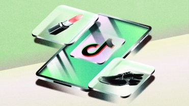 Phone screen that displays a "TikTok" logo sits on a green and white background. Other icons pop up out of the phone, displaying products like lipstick and footwear.